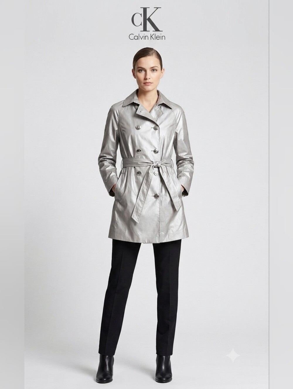 Calvin Klein Metallic Silver Double-Breasted Trench Coat Ptp 20"